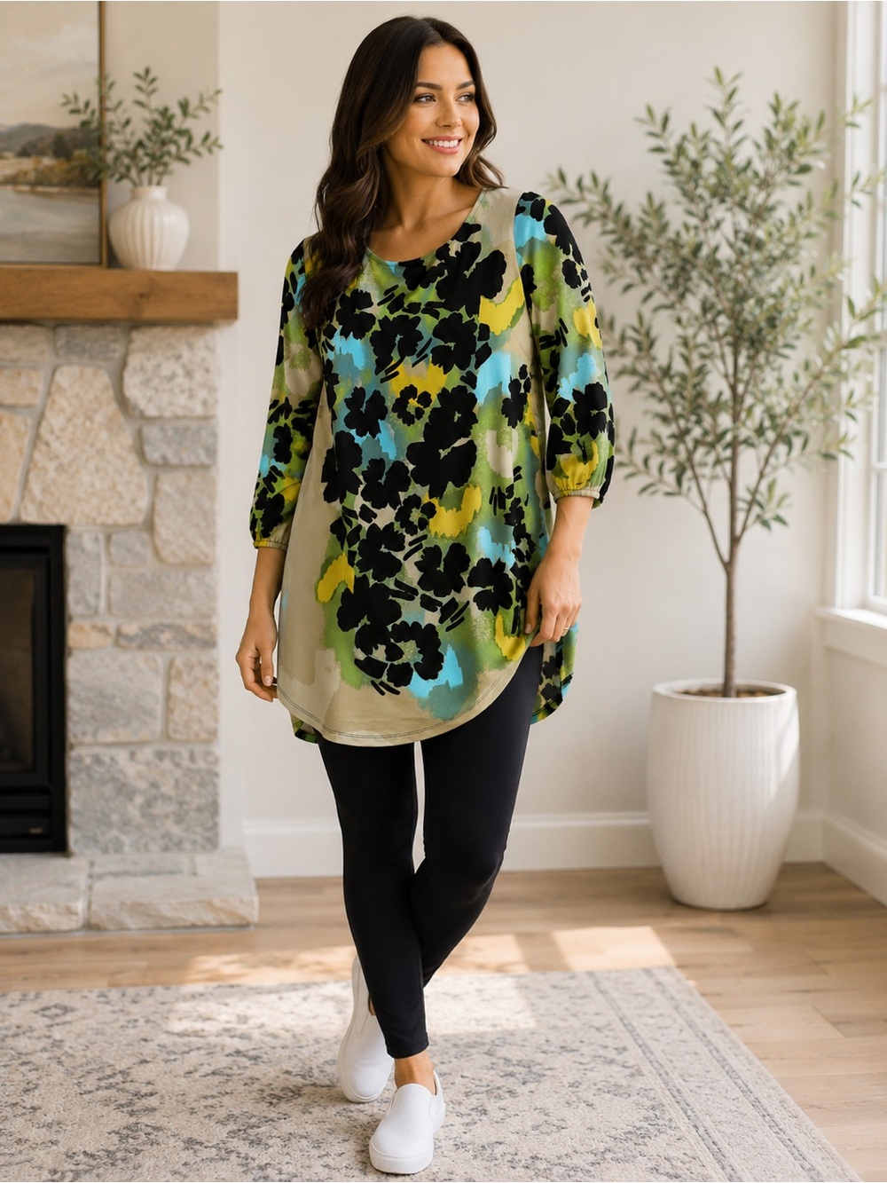 Style & Co Fresh Blooms Floral Tunic Top Green Blue Yellow Black NWT XL